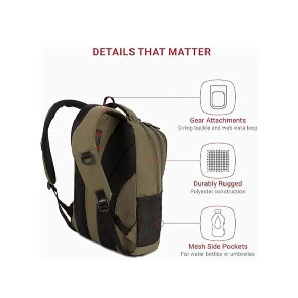 SwissGear Cecil 18" Olive Laptop Backpack With Padded Laptop Sleeve & Organizer - Picture 2 of 8